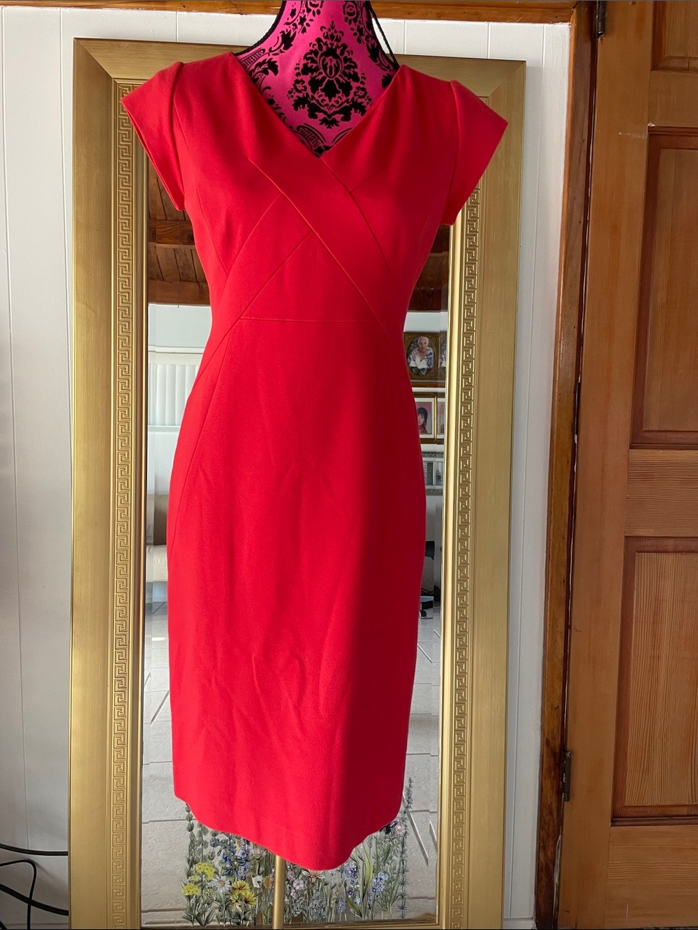 Classiques Entier Red Cap-Sleeve Sheath Midi Dress